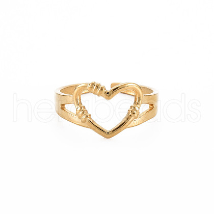 Ion Plating(IP) 304 Stainless Steel Open Heart Cuff Ring for Women RJEW-S405-207G-1