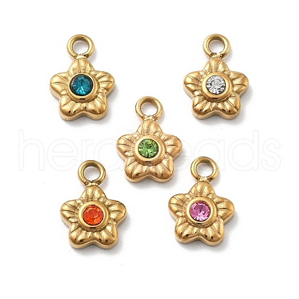 Flower 304 Stainless Steel Rhinestone Charms STAS-L283-29G-1