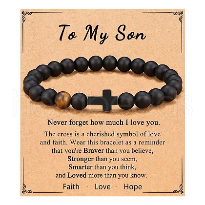 Cross Natural Tiger Eye & Frosted Black Obsidian Round Beads Stretch Bracelets for Men Women WG92FBF-02-1