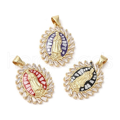 Oval with Virgin Mary Brass Micro Pave Cubic Zirconia Pendants KK-K385-027G-1