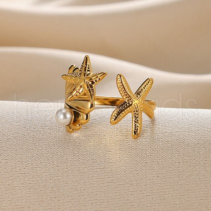 Starfish & Shell 304 Stainless Steel Cuff Rings RJEW-S621-08G-1