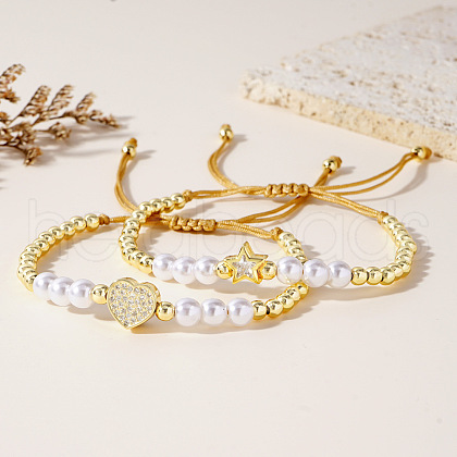 2Pcs Adjustable Brass Beaded Braided Bead Bracelet Set for Women IK1193-3-1