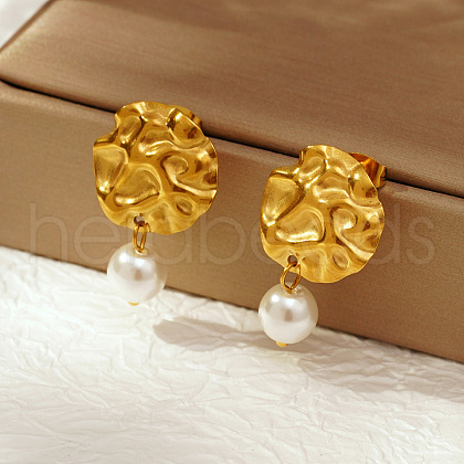 Fashionable Stainless Steel Flat Round Stud Earrings with Round Plastic Imitation Pearls Pendant for Women NQ1639-1