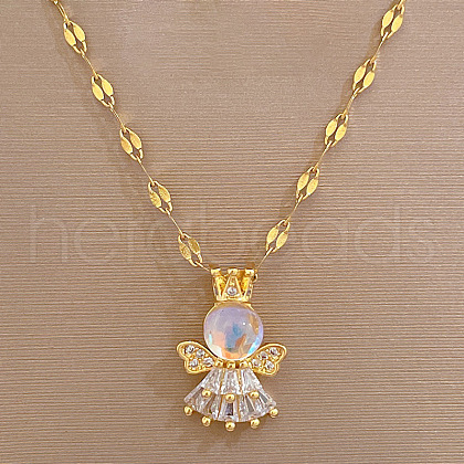 304 Stainless Steel Micro Pave Clear Cubic Zirconia Crown Angel Pendant Necklaces FS-WG39094-01-1