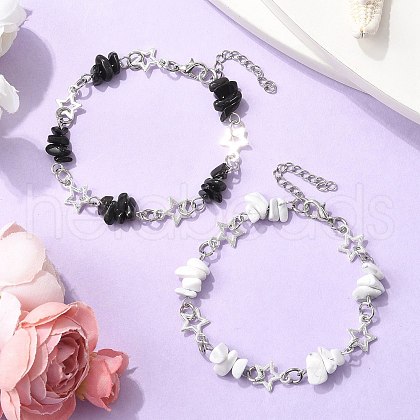 2Pcs Natural Howlite & Obsidian Chip Link Bracelets BJEW-JB11592-1