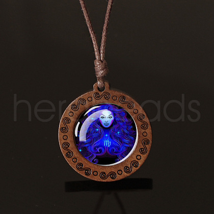 Flat Round with Twelve Constellations Blue Glass & Wood Pendant Waxed Leather Cord Necklace for Women Men WG486C3-06-1