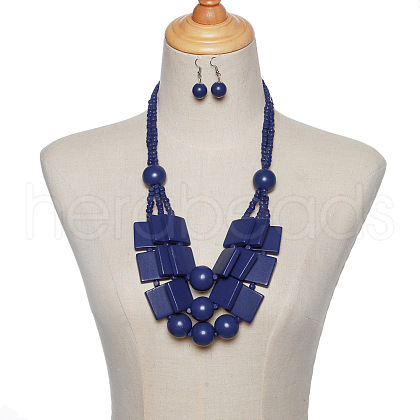 Wood Rectangle & Round Beaded Multilayer Necklaces & Dangle Earrings Sets FS-WG1E68D-02-1