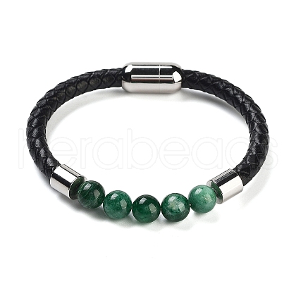Natural Fuchsite Round Bead Braided Leather Cord Bracelets for Men Women BJEW-A009-11P-01-1