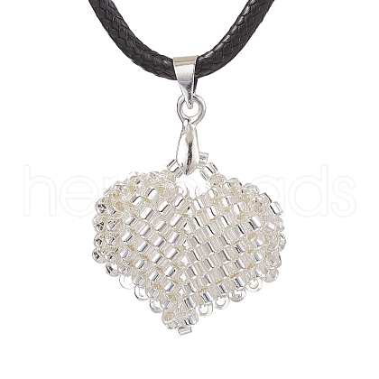 3D Heart Glass Seed Beads Pendant Necklaces NJEW-MZ00046-05-1