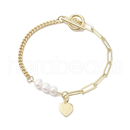 Natural Cultured Freshwater Pearl Beads Paperclip Chains Heart Charm Bracelets with Toggle Clasps BJEW-JB10191-1
