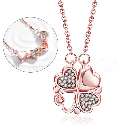 2 in 1 Four Crystal Rhinestone Clover Pendant Necklace HEAR-PW0001-113RG-1