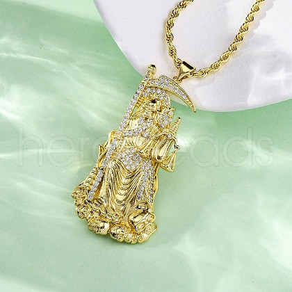 Brass Micro Pave Clear Cubic Zirconia Grim Reaper Pendant Necklaces NJEW-C071-01B-G-1