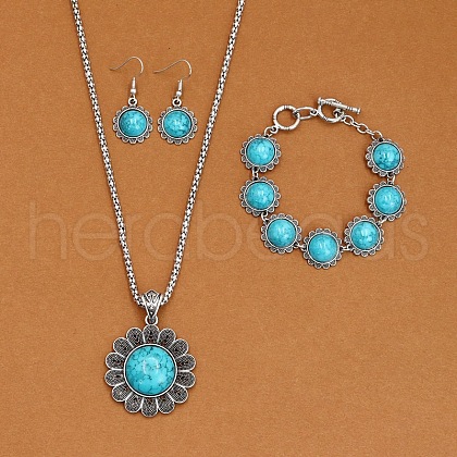 Flower Alloy with Synthetic Turquoise Pendant Necklaces & Dangle Earrings & Link Bracelets Sets WGD1135-18-1