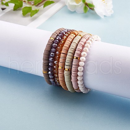 7Pcs 7 Style Handmade Polymer Clay Heishi Surfer Stretch Bracelets Set BJEW-SW00073-04-1