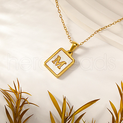 Rectangle Stainless Steel Pave Natural White Shell Initial Pendant Necklaces for Women FS-WGB5EDA-13-1