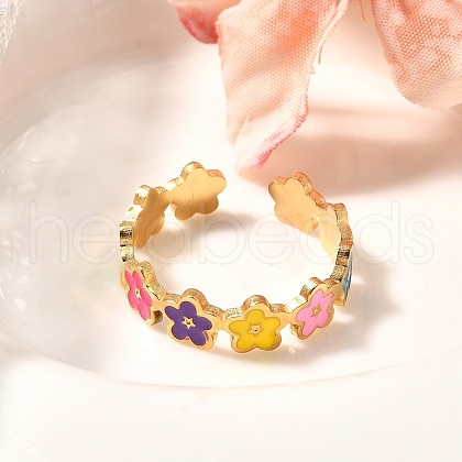 201 Stainless Steel Enamel Open Cuff Ring for Women RJEW-A053-04G-03-1
