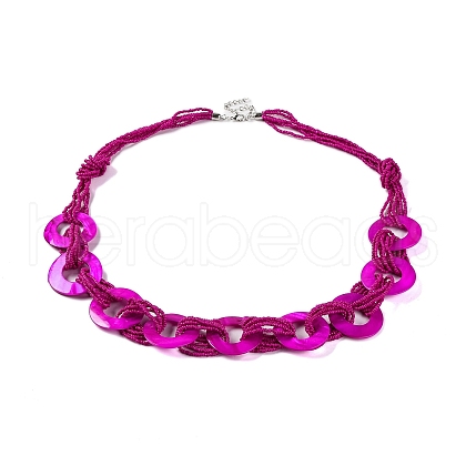 Spray Painted Disc Freshwater Shell & Acrylic Beaed Bib Necklaces NJEW-S427-02C-1