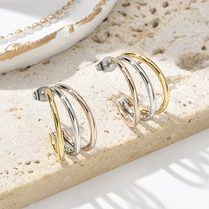 304 Stainless Steel Triple C-Shaped Stud Earrings for Women EJEW-C096-68M-02-1