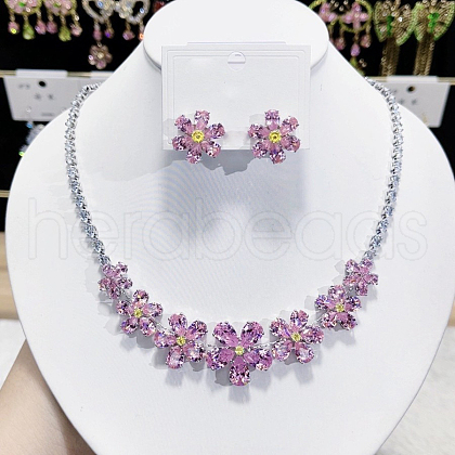 Flower Brass Micro Pave Cubic Zirconia Necklaces & Stud Earrings Sets FS-WGB2349-01-1