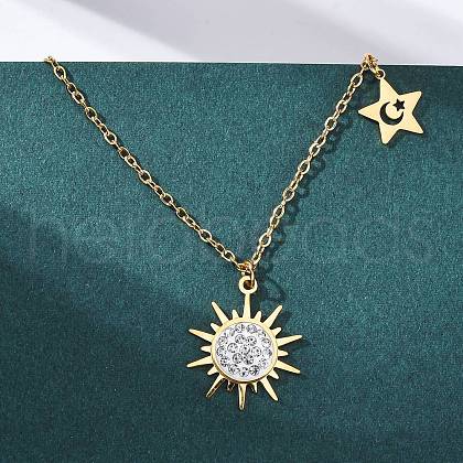 201 Stainless Steel Crystal Rhinestone Sun Star Pendant Necklaces for Women NJEW-F335-03G-1