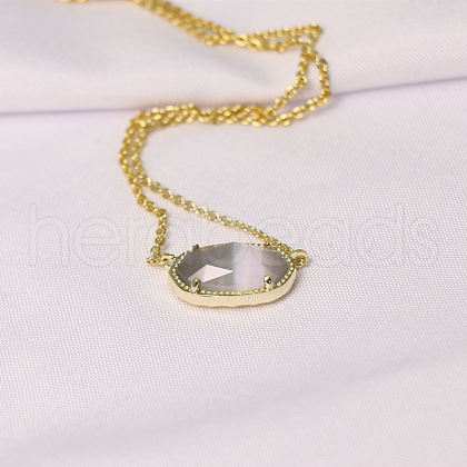 Brass Pave Gray Cat Eye Faceted Oval Pendant Necklaces for Women WG13C77-01-1