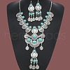 Flat Round Tassel Alloy & Synthetic Turquoise Pendant Necklaces & Dangle Earrings Sets FS-WG5CFCA-02-2