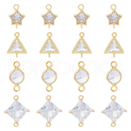 SUPERFINDINGS 16Pcs 4 Styles Brass Pave Clear Cubic Zirconia Connector Charms KK-FH0007-30-1
