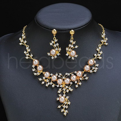 Flower Alloy & Plastic Pearl & Crystal Rhinestone Pendant Necklaces & Stud Dangle Earrings Sets FS-WG18295-02-1