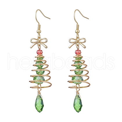 Christmas Tree with Bowknot Brass Wired Glass Dangle Earrings EJEW-JE06125-1