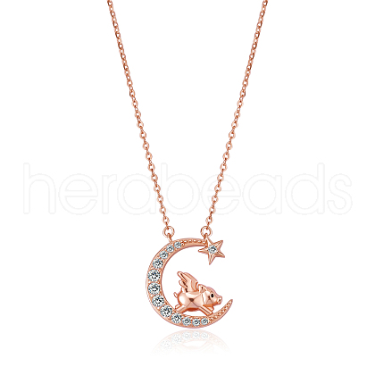 Chinese Zodiac Necklace Pig Necklace 925 Sterling Silver Rose Gold Piggy on the Moon Pendant Charm Necklace Zircon Moon and Star Necklace Cute Animal Jewelry Gifts for Women JN1090L-1