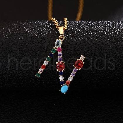 Brass Pave Colorful Cubic Zirconia Initial Pendant Necklaces for Women FS-WG659DF-14-1