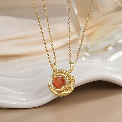 2Pcs Brass Pave Clear Zirconia Magnetic Couple Sun Moon Pendant Necklaces WG8E766-03-1