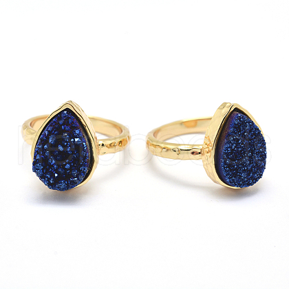 Electroplate Natural Druzy Quartz Crystal Finger Rings RJEW-I055-08G-RS-1