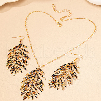 Leaf Leopard Print Alloy Pendant Necklaces & Dangle Earrings Sets FS-WG98753-01-1