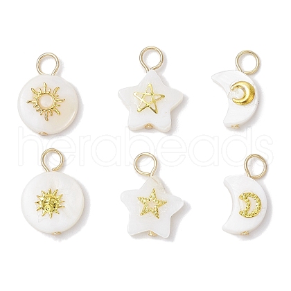6Pcs 6 Styles Natural Freshwater Shell Flat Round Star Moon Pendants PALLOY-JF03835-1