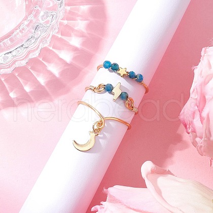3Pcs Copper Wire Wrapped Natural Apatite Faceted Round Bead Finger Rings for Women RJEW-JR00888-01-1