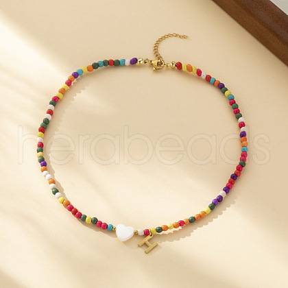 Heart Natural Shell & Colorful Glass Seed Round Beaded Necklaces FS-WGE10D5-08-1