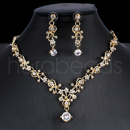 Flower Alloy Micro Pave Clear Cubic Zirconia Pendant Necklace & Stud Dangle Earrings Sets for Women FS-WGAD43C-02-1