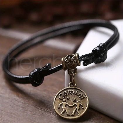 Alloy Flat Round with Constellation Charms Double Layer Black Imitation Leather Cord Adjustable Anklets WGE0879-11-1