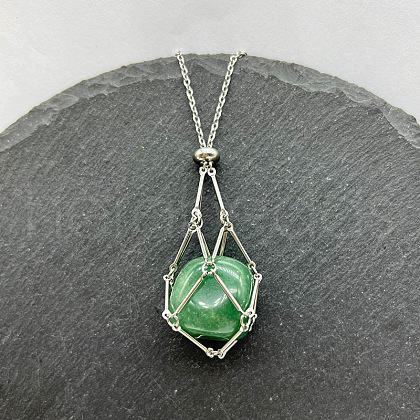 Natural Green Aventurine Nuggets Macrame Pouch Pendant 201 Stainless Steel Chain Necklaces FS-WG7A779-03-1