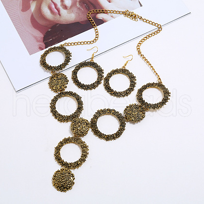 Ring & Flat Round Alloy Pendant Necklace & Dangle Earring Sets FS-WG0C96B-01-1