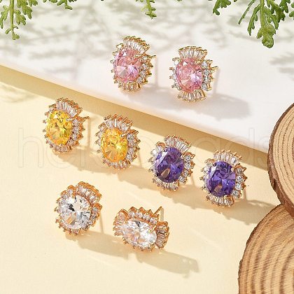 Oval Brass Micro Pave Cubic Zirconia Stud Earrings for Women EJEW-G428-27G-1