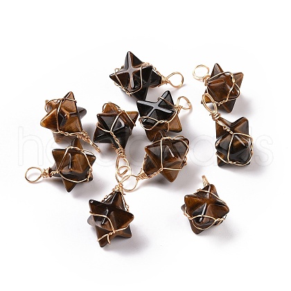 Natural Tiger Eye Copper Wire Wrapped Pendants G-B041-02G-15-1