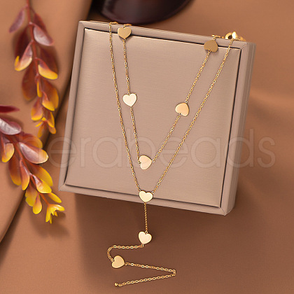 304 Stainless Steel Heart Link Double Layer Chain Y Necklaces for Women NJEW-C088-03G-1
