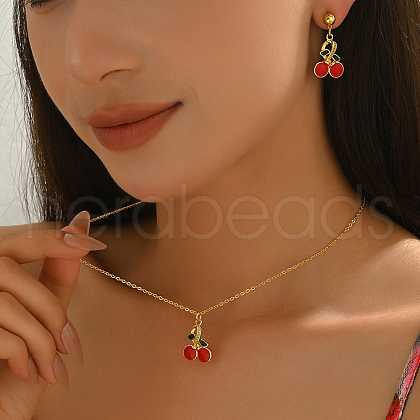 Brass Cherry Stud Earrings & Pendant Necklaces Set Women DP3348-4-1