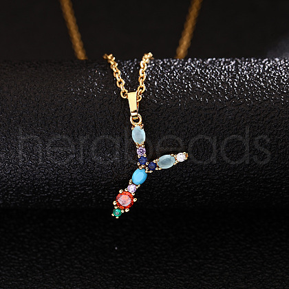 Brass Pave Colorful Cubic Zirconia Initial Pendant Necklaces for Women FS-WG659DF-25-1