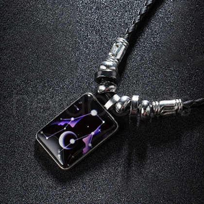 Luminous Alloy Glass Rectangle with Constellation Pendant Black Braided PU Leather Cord Necklaces WGCC9BA-03-1