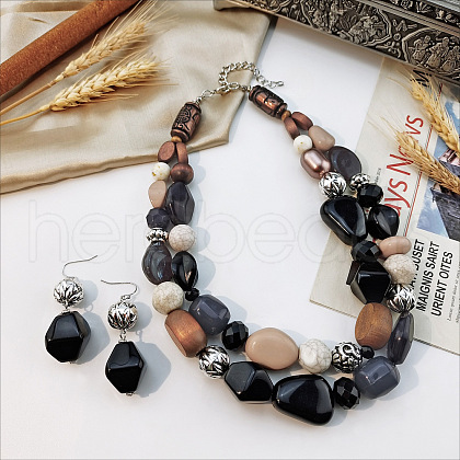 Wood Beaded Double Layer Necklaces & Dangle Earrings Sets FS-WGB5610-06-1