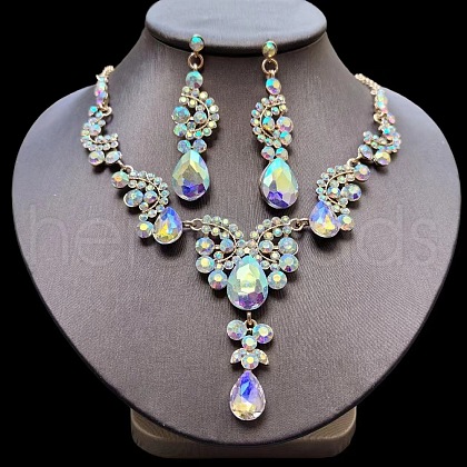 Teardrop Alloy Rhinestone Pendant Necklaces & Stud Earrings Sets FS-WG537BF-03-1