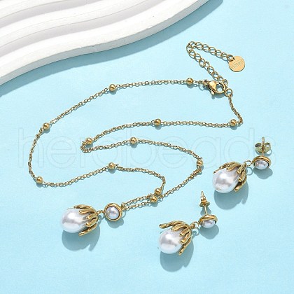 304 Stainless Steel Flower Pendant Necklaces & Stud Earrings for Women SJEW-B020-05G-1